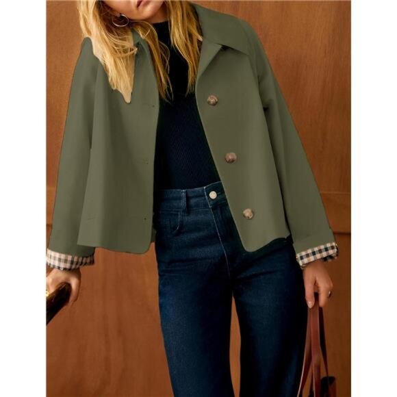 Women's Oversize Trench Coat Plaid Lining Lapel Button Down Casual Crop Jacket - Picture 2 of 8